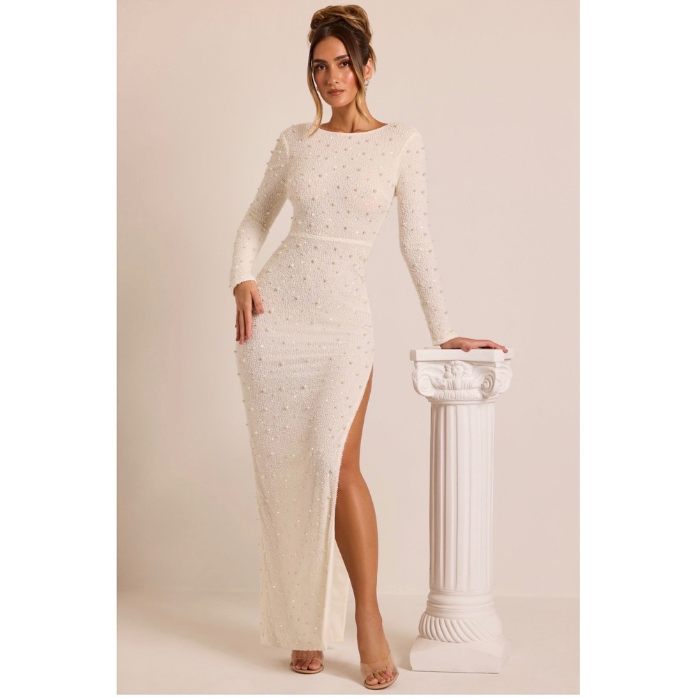 OH POLLY Vienna Embellished Long Sleeve Backless Maxi Dress in White SZ 8 NWT